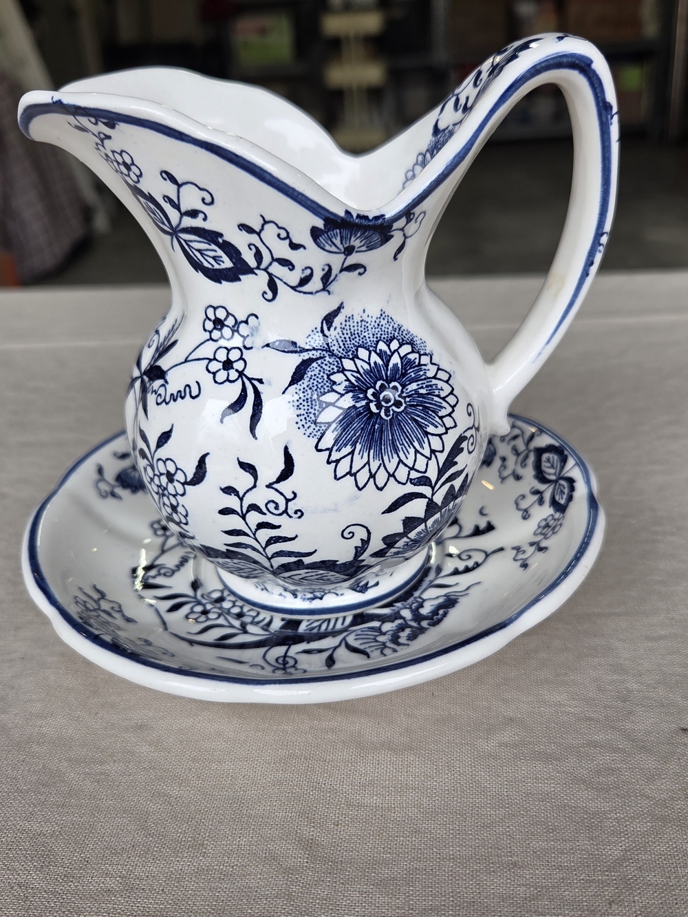 Blue and White Floral Ceramic Pitcher with Saucer - Home Art